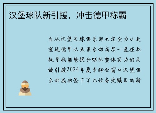 汉堡球队新引援，冲击德甲称霸