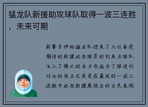 猛龙队新援助攻球队取得一波三连胜，未来可期