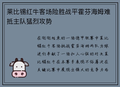 莱比锡红牛客场险胜战平霍芬海姆难抵主队猛烈攻势